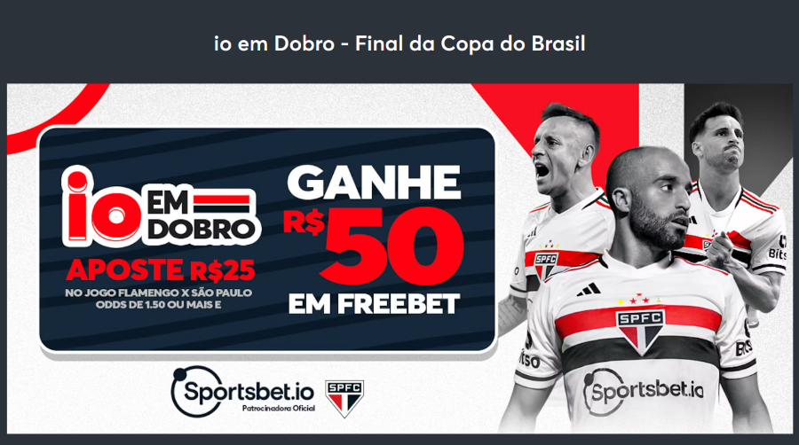 Patrocinadora do São Paulo oferece freebet para jogo da final da Copa do Brasil contra  o Flamengo (Imagem: Reprodução site Sportsbet.io)